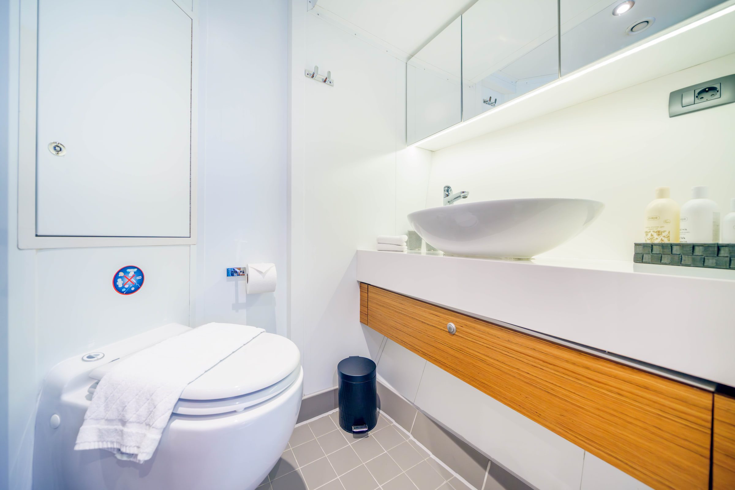 A white en-suite bathroom with a bowl basin on a wooden vanity.